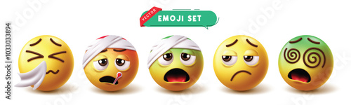 Emoji sick characters vector set. Emoticon and emojis illness like sneezing, flu, fever, weak, dizzy and bandage 3d face character collection. Vector illustration sick emojis design elements. 
