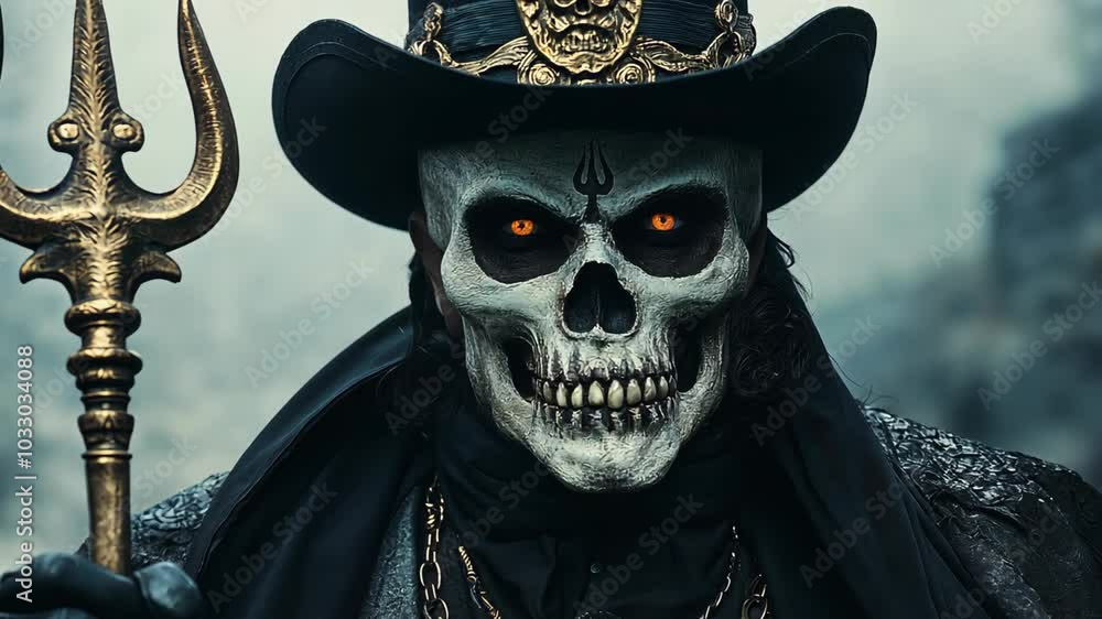 close up face of skeleton mage wearing ornate black top hat with red light glowing eyes