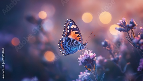 Wallpaper Mural A colorful butterfly perched on a pink flower with bokeh lights in the background. Torontodigital.ca