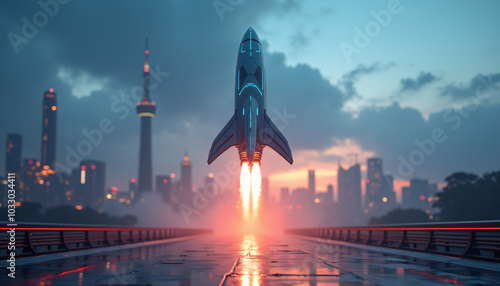 Space rocket launching over a futuristic city skyline