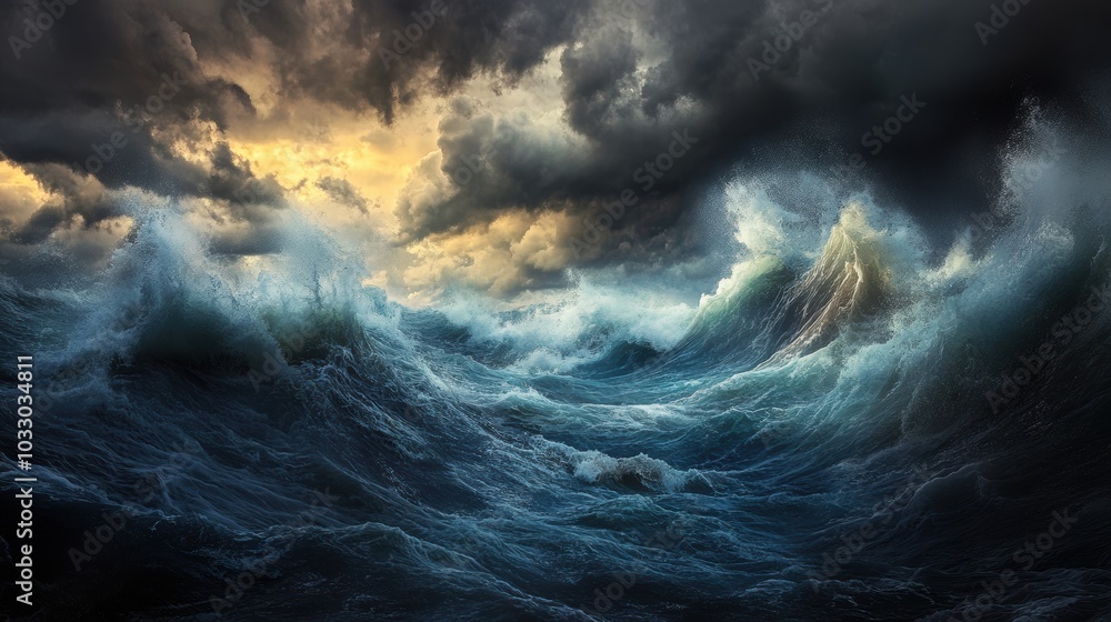 Fototapeta premium Stormy ocean waves crashing under dark clouds.