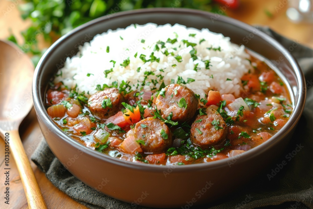 Bowl of Sausage and Rice Stew with Parsley Garnish Bowl of Sausage and Rice Stew with Parsley Garnish