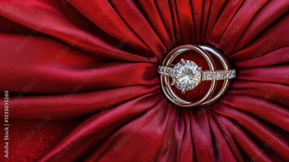 Elegant Diamond Rings on Luxurious Red Silk Fabric Elegant Diamond Rings on Luxurious Red Silk Fabric
