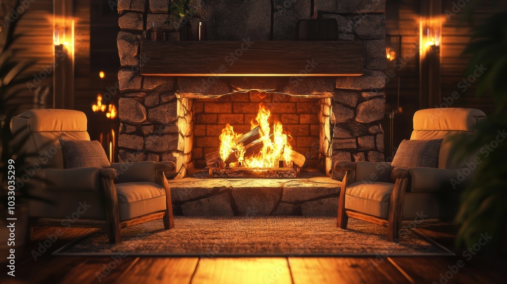 Cozy living room with fireplace and armchairs. Cozy living room with fireplace and armchairs.