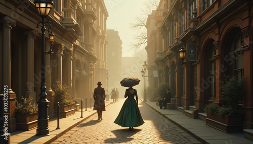 Fototapeta Naklejka Na Ścianę i Meble -  Person walking down a sunlit street in an old city