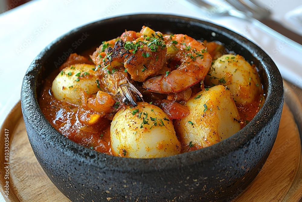 A Black Bowl of Shrimp, Potatoes, and Sauce A Black Bowl of Shrimp, Potatoes, and Sauce