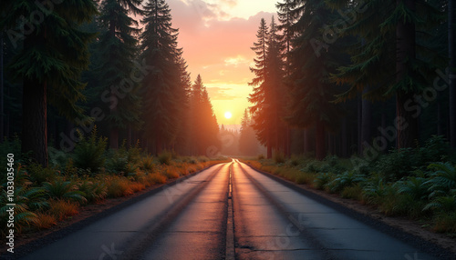 Sunset over a long road lined with tall trees