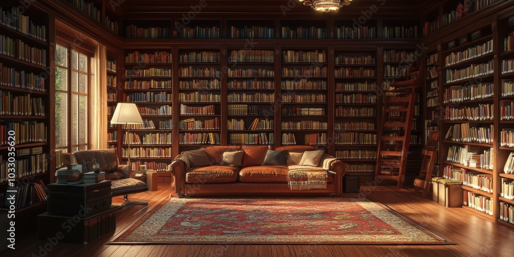 Cozy library with a leather couch and a rug. Cozy library with a leather couch and a rug.