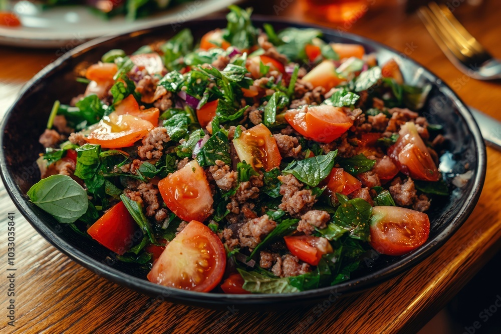 Ground Beef and Tomato Salad in a Black Bowl Ground Beef and Tomato Salad in a Black Bowl