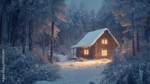 A snow-covered cabin glows in a winter forest.