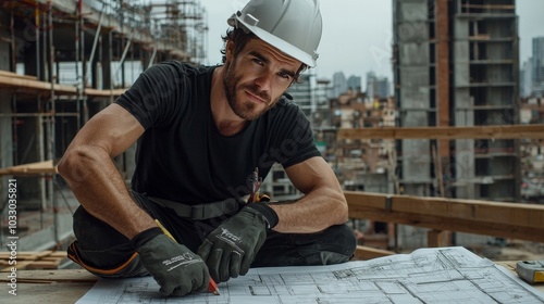 An architect reviewing structural designs at a construction site, wearing a hard hat and safety gear photo