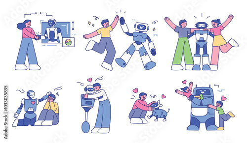 Robots are getting closer to people. Robots are helping people by becoming friends and family. outline simple vector illustration.