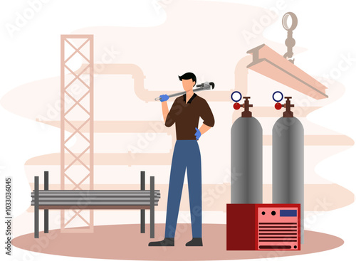 a construction worker holding a wrench in an iron workshop vector illustration, technician's hands holding wrench, industry, and manufacture