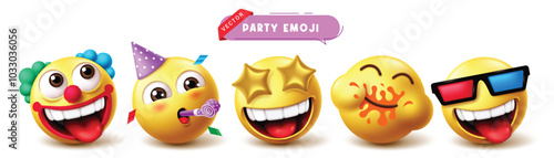 Emoji birthday party vector set. Emoji and emoticon birthday funny clown, costume, mascot, happy, enjoy, naughty, smiling character collection. Vector illustration birthday party emojis facial express