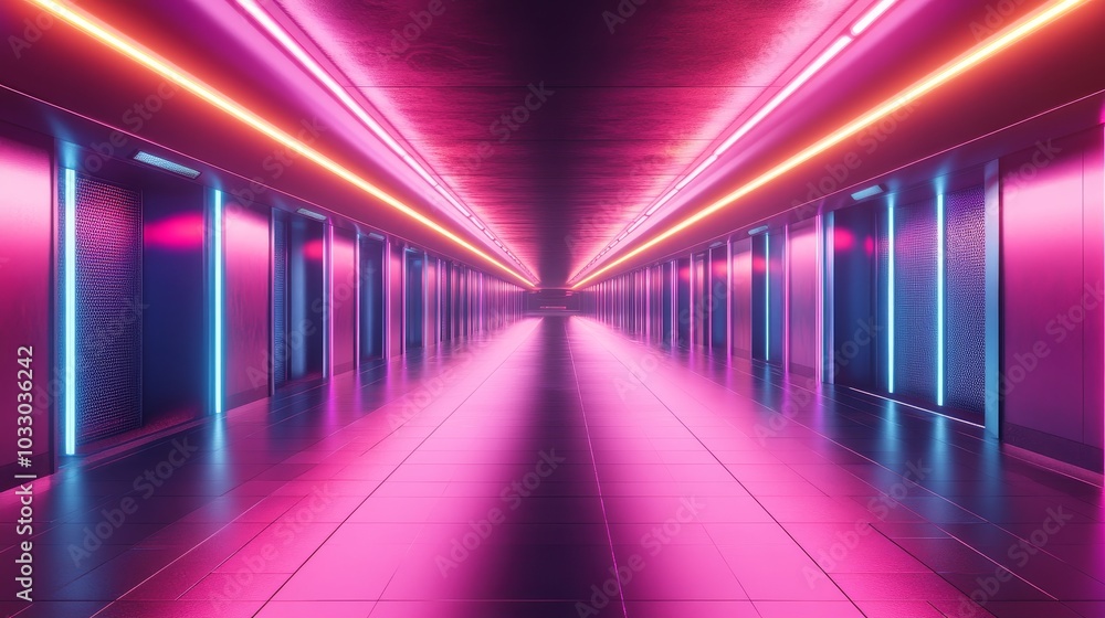 A sleek metallic corridor with glowing neon lights running along the walls, a highly reflective floor reflecting the futuristic ceiling details, and an endless horizon A sleek metallic corridor with glowing neon lights running along the walls, a highly reflective floor reflecting the futuristic ceiling details, and an endless horizon