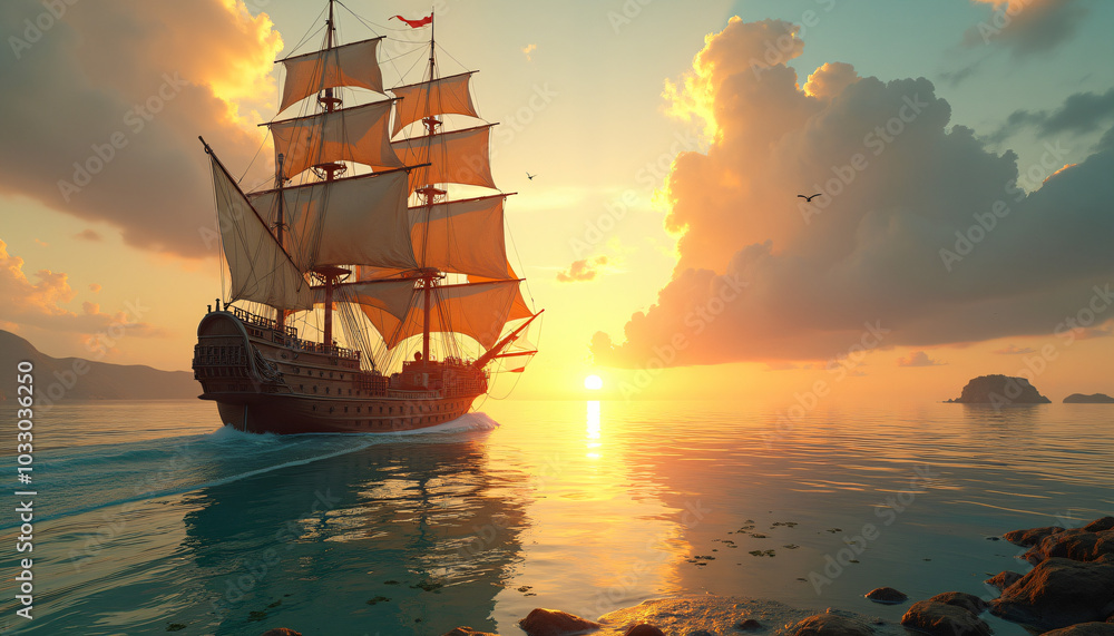 Obraz premium Sailing ship on the ocean at sunset with dramatic clouds