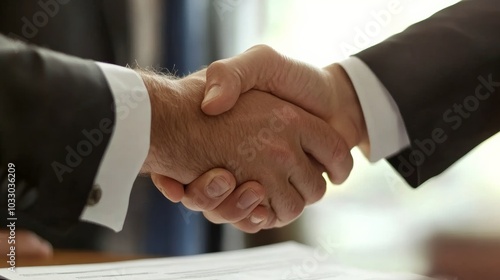 Businessmen signing lease contracts with documents in focus and a handshake to seal the deal.