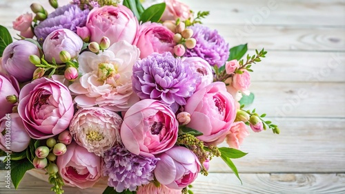 Fototapeta Naklejka Na Ścianę i Meble -  fresh spring bouquet of pink peonies and lilac eustoma roses with green leaves