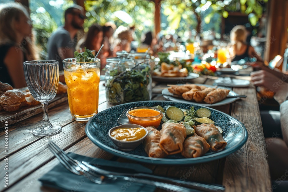 Spring Rolls and Sauces on a Wooden Table with Drinks and Blurred People in the Background Spring Rolls and Sauces on a Wooden Table with Drinks and Blurred People in the Background