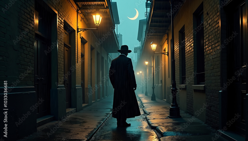 Person walking down a narrow alley at night under streetlights Person walking down a narrow alley at night under streetlights