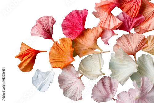 Vibrant ensemble of pink and red hibiscus flowers with falling petals on a transparent background. Ideal for tropical design projects photo