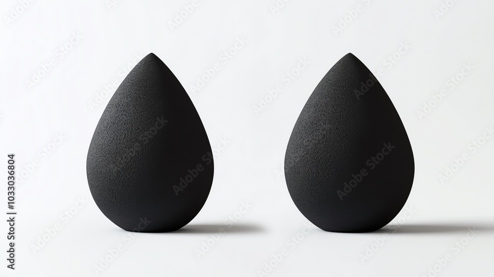 Two black teardrop-shaped sponges on a white isolated background. Two black teardrop-shaped sponges on a white isolated background.