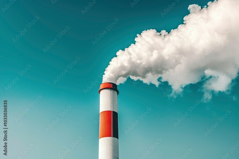 Industrial Smoke Plume Emitting From Tall Chimney Against Clear Blue Sky Industrial Smoke Plume Emitting From Tall Chimney Against Clear Blue Sky