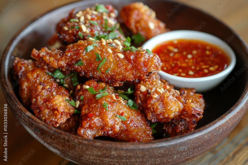 Crispy Glazed Chicken Wings with Spicy Sauce and Toppings Crispy Glazed Chicken Wings with Spicy Sauce and Toppings