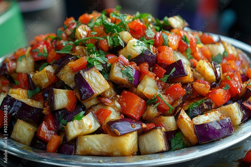A close-up of a bowl of eggplant, red peppers, and parsley A close-up of a bowl of eggplant, red peppers, and parsley