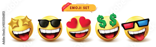 Emoji emoticon characters vector set. Emojis 3d facial expression with happy face, star eye, in love, rich and funny emoticon character collection. Vector illustration emoji set icon collection. 

