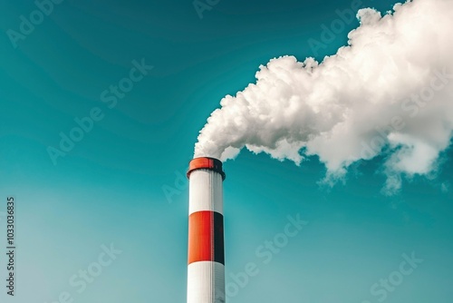 Industrial Smoke Plume Emitting From Tall Chimney Against Clear Blue Sky