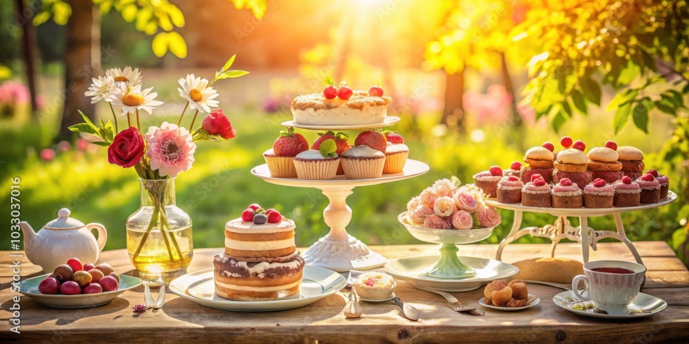 Fototapeta premium Delightful vintage dessert haven setup on a sunny day , vintage, dessert, haven, sweet, indulgence, sunny, day, tasty, treats