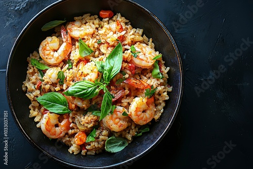 Wallpaper Mural Shrimp Fried Rice with Basil and Vegetables in a Black Bowl Torontodigital.ca