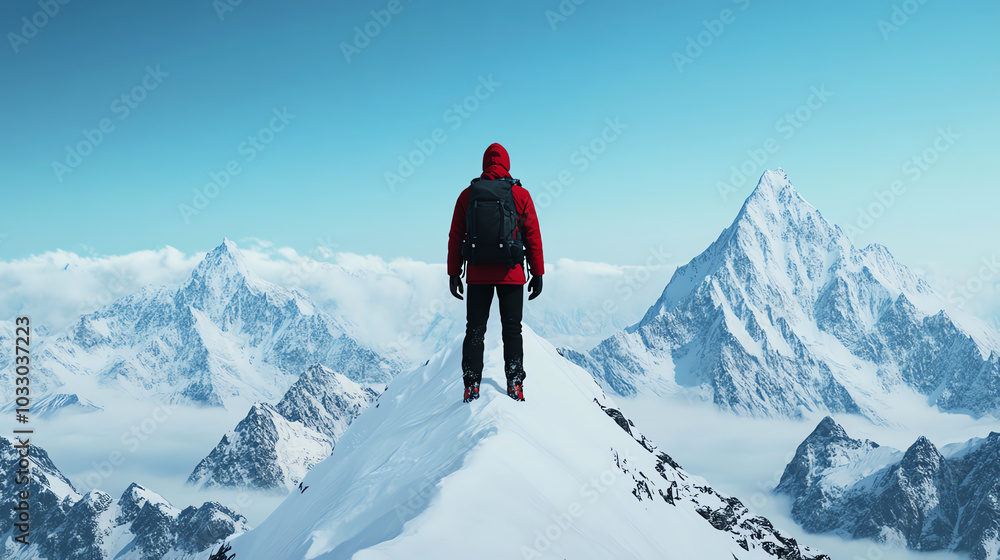 A lone climber stands triumphantly on a snow-covered peak, surrounded by breathtaking mountains under a clear blue sky, symbolizing adventure and resilience. A lone climber stands triumphantly on a snow-covered peak, surrounded by breathtaking mountains under a clear blue sky, symbolizing adventure and resilience.