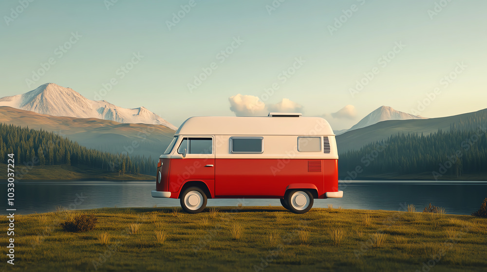 A classic red and white camper van parked by a serene lake surrounded by majestic mountains, capturing the essence of adventure and exploration. A classic red and white camper van parked by a serene lake surrounded by majestic mountains, capturing the essence of adventure and exploration.