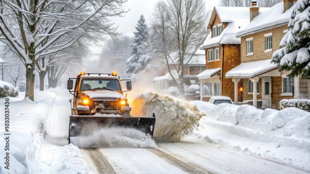 Snowplow clearing heavy snow in residential neighborhood , Winter, snowstorm, street Snowplow clearing heavy snow in residential neighborhood , Winter, snowstorm, street