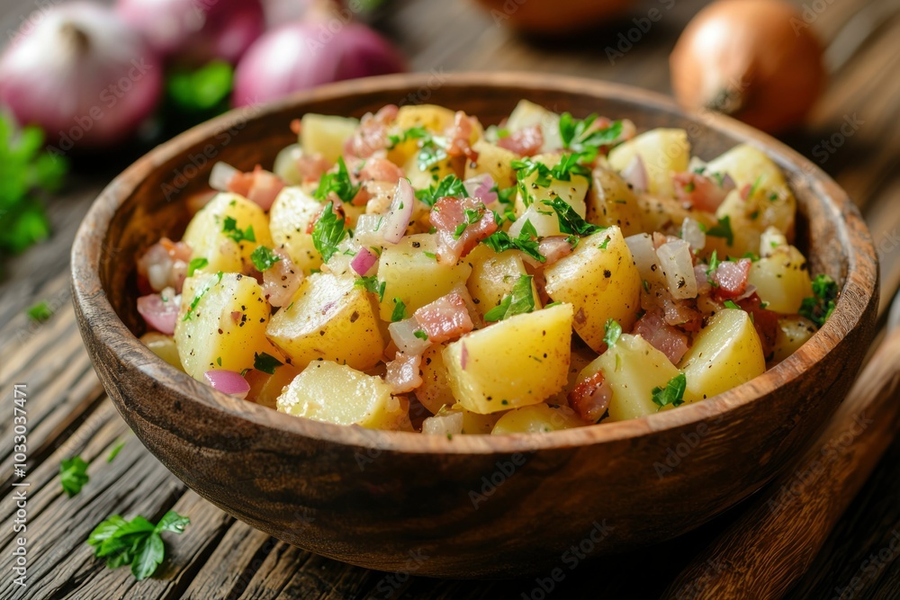 German Potato Salad with Bacon, Red Onion, and Parsley in a Wooden Bowl German Potato Salad with Bacon, Red Onion, and Parsley in a Wooden Bowl
