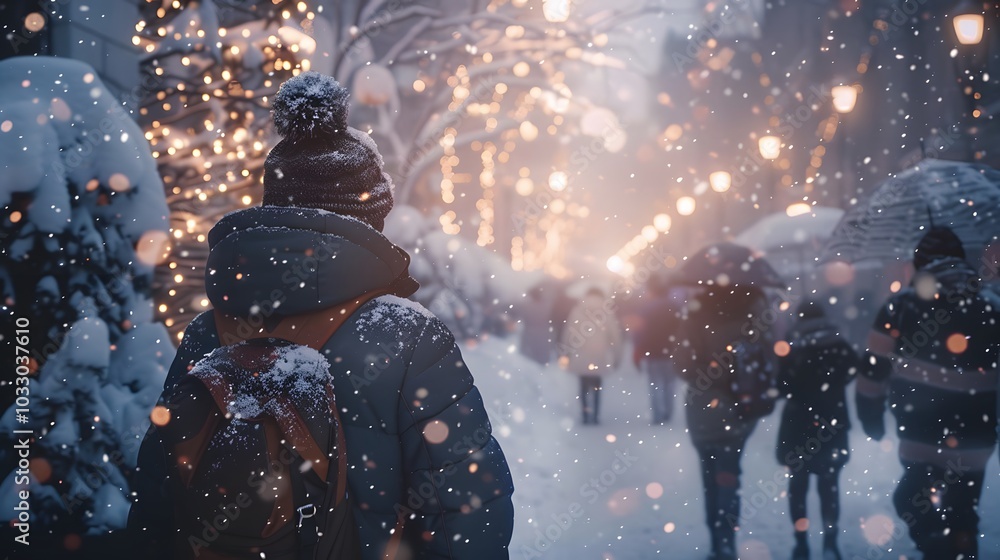 Snow overlay background, Snowfall, snowflakes in different shapes and forms, and people wearing thick jackets Snow overlay background, Snowfall, snowflakes in different shapes and forms, and people wearing thick jackets