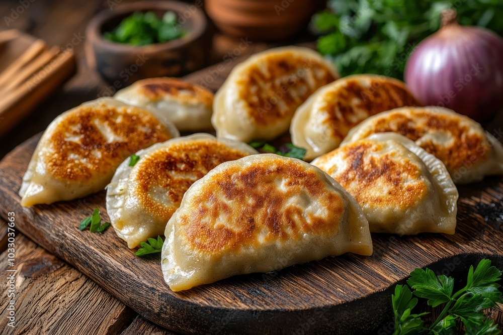 Golden Brown Fried Dumplings on Wooden Cutting Board Golden Brown Fried Dumplings on Wooden Cutting Board