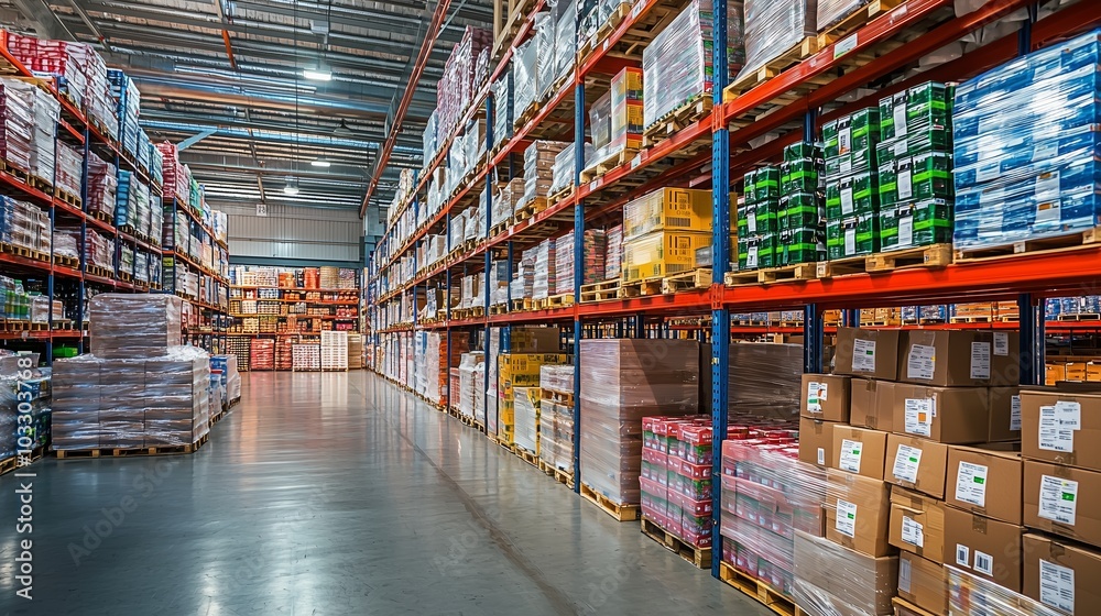 Wide view of a busy warehouse filled with organized shelves of products and neatly stacked pallets in the afternoon light Wide view of a busy warehouse filled with organized shelves of products and neatly stacked pallets in the afternoon light