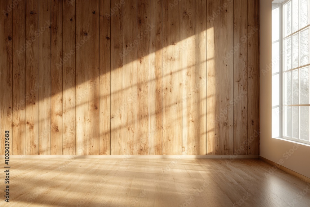 Empty room with wooden wall and floor, sunlight streaming through window. Empty room with wooden wall and floor, sunlight streaming through window.