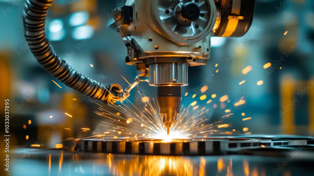 A close-up of a welding machine in action, welding metal parts together, with sharp sparks flying off the metal surface A close-up of a welding machine in action, welding metal parts together, with sharp sparks flying off the metal surface