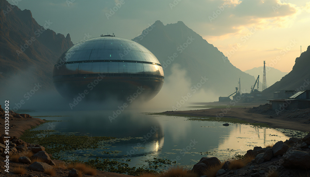 Hovering UFO over a misty lake at sunset Hovering UFO over a misty lake at sunset