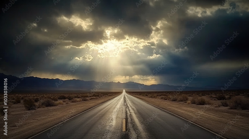 Fototapeta premium Serene Desert Road Under Dramatic Clouds