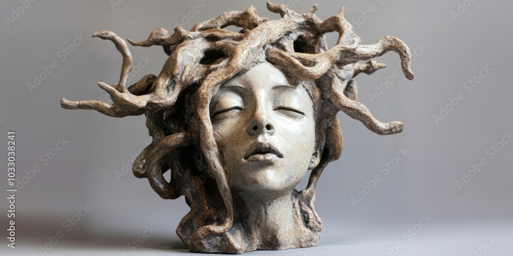 A sculpture of Medusa with closed eyes. A sculpture of Medusa with closed eyes.