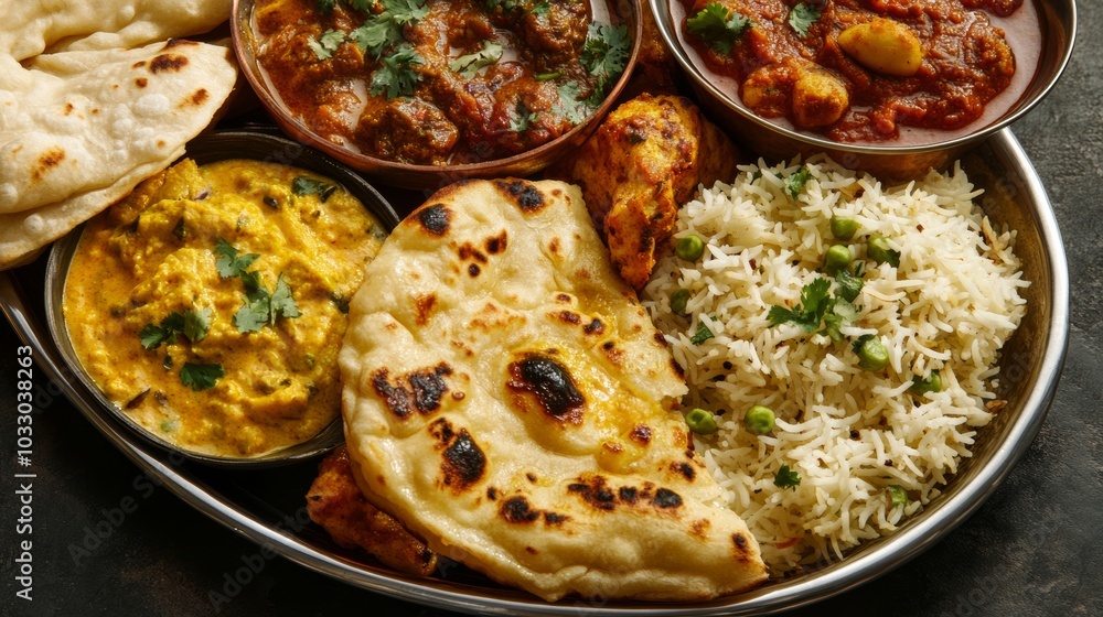 A close-up of an Indian cuisine platter with naan, biryani, and a variety of curries, photographed from above for a mouth-watering effect A close-up of an Indian cuisine platter with naan, biryani, and a variety of curries, photographed from above for a mouth-watering effect