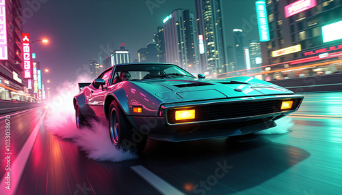 Retro sports car speeding through a neon-lit city street