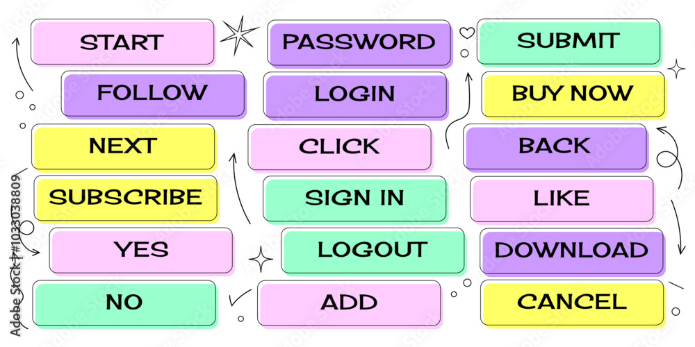 Obraz premium web buttons set y2k , click, download, subscribe, internet, point, arrows, vector