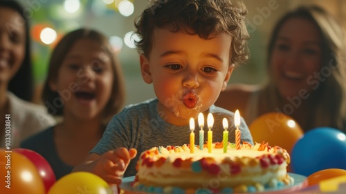 Boy blowing out candles on birthday cake.