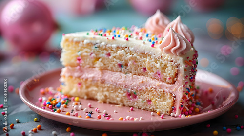 Slice of Vanilla Cake with Pink Frosting and Colorful Sprinkles - Photo